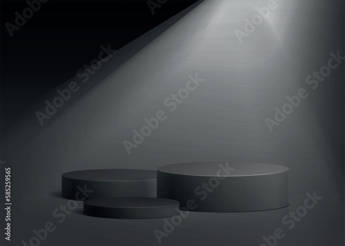 3d background products display podium scene with cylinder platform with spotlight. Stand to show cosmetic product vector mock up