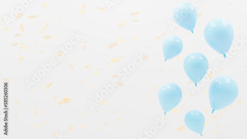 blue balloons and gold confetti on white stage  theme of celebration  celebration  achievement  3d illustration  horizontal position