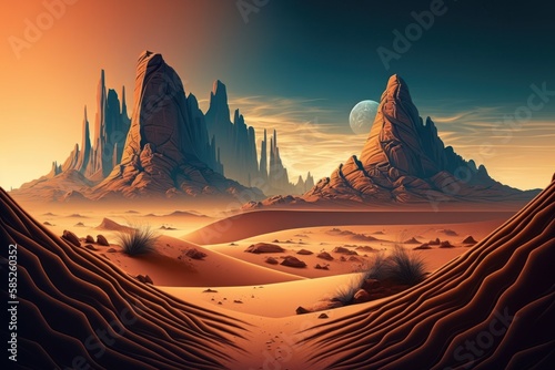 AI-Generated Apocalypse Landscape: Stunning Nature Scenes of Sand Dunes, Mountains, and Rocky Outcroppings by Jeff A Menges Featured on Shutterstock, Generative AI photo