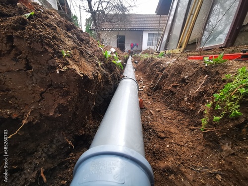 Plastic sawage pipes in the ground for rainwater drainage