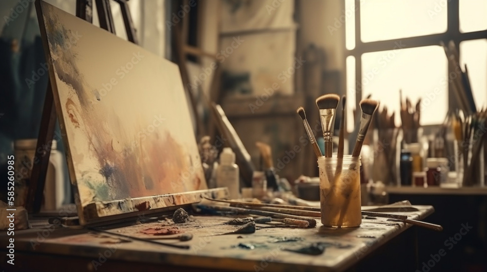 Artistic equipment: white artist canvas on easel, palette and paint brushes  in a artist studio. Retro toned. Stock Photo by ©ChamilleWhite 148244611