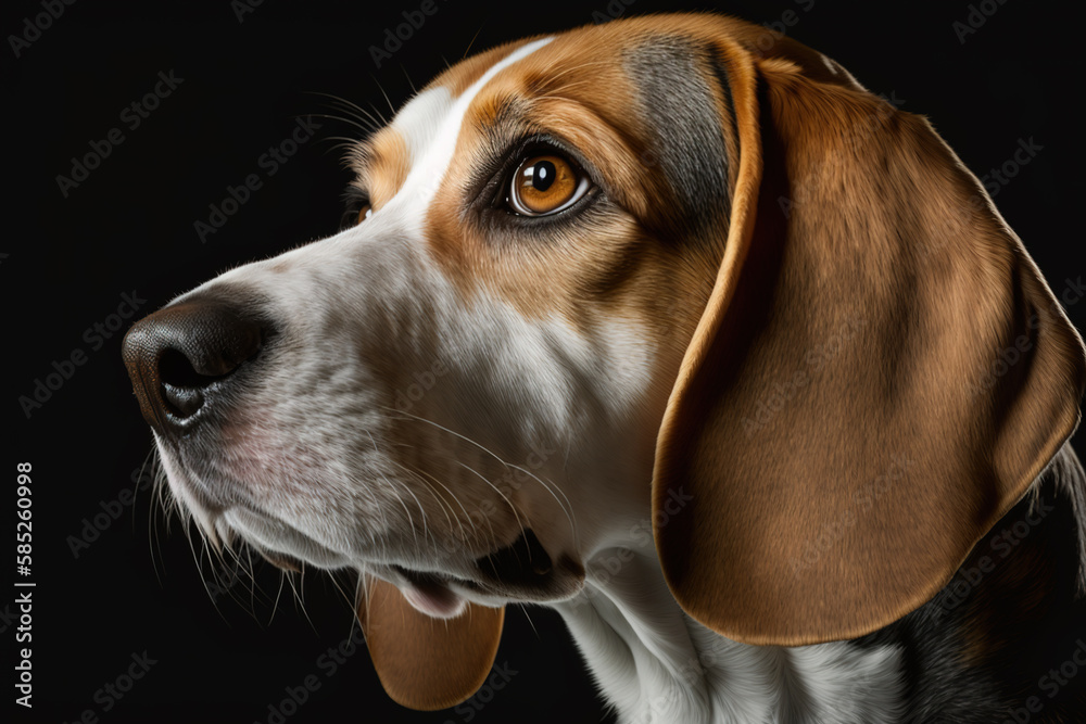 Generative AI. Portrait of an adult dog of the Beagle breed against dark background.