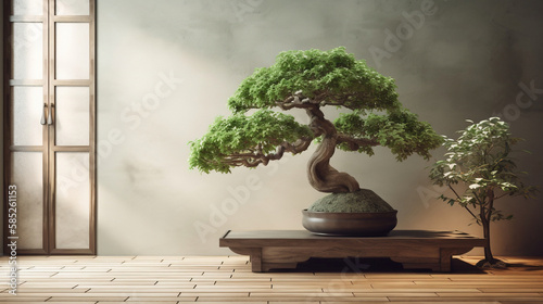 Bonsai with other plant in a empty room with parquet floor, creating zen atmosphere at home Generative AI