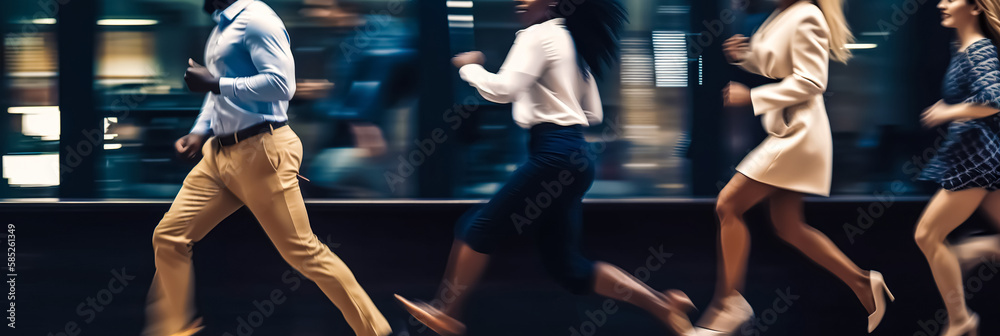 Group of office employees walking in motion. Business people walking at open space. Busy workday, office rush concept. horizontal photo banner. digital art