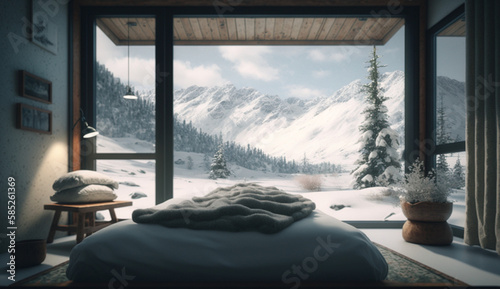 Spa bed in a ski resort with snowing mountains throug Generative AI © Muhammad Shoaib
