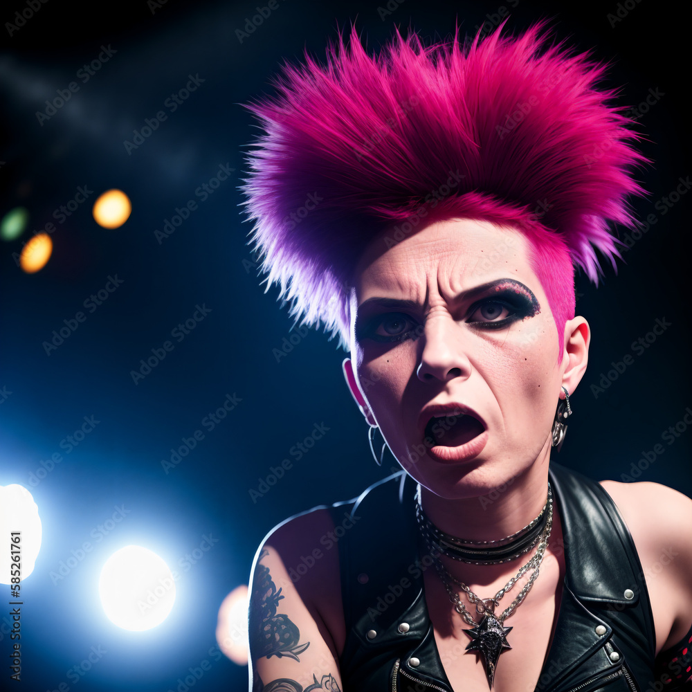 Mature punk woman. Portrait of elderly female with bright image, daring style. Generative AI. Mature punk woman. Portrait of elderly female with bright image, daring style. Generative AI.