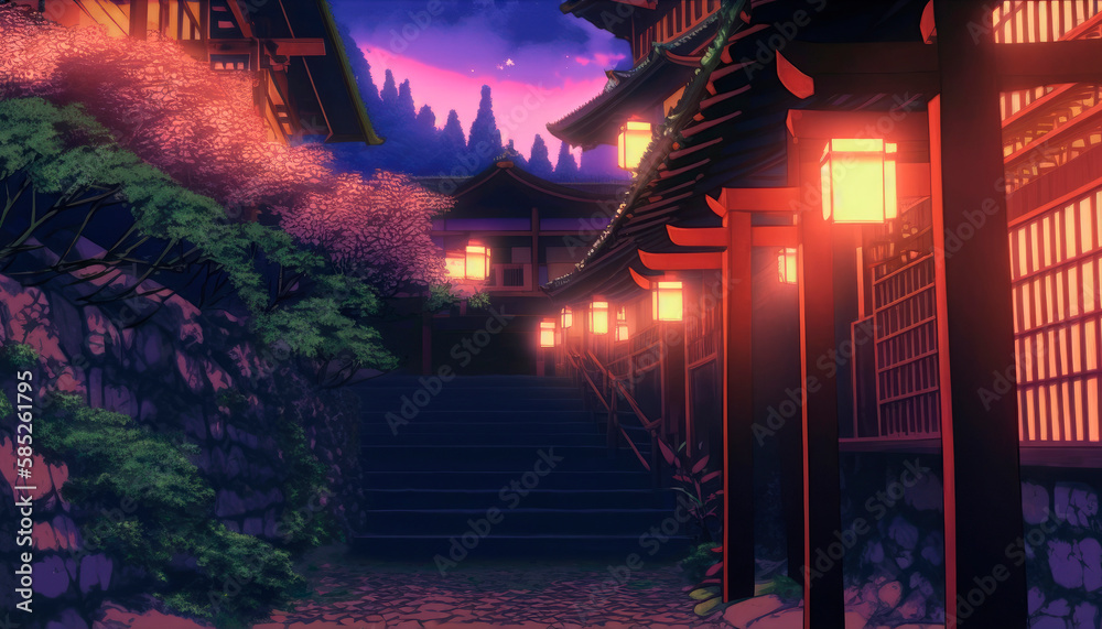 landscape traditional japanese temple and houses anime background wallpaper  Stock Illustration