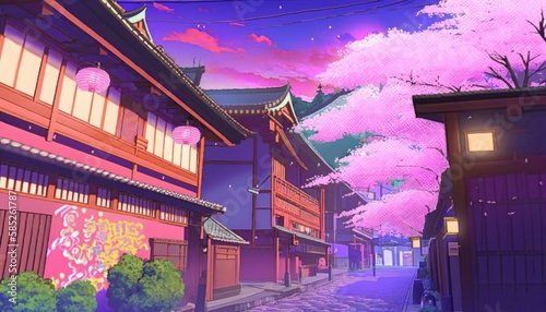 view of the city with sakura trees anime background wallpaper