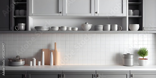 close up blank empty space countertop in modern grey build in kitchen cabinet set for household products display with white ceramic wall tiles in background. Ai Generative photo