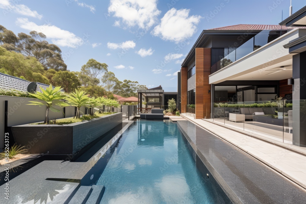 Fototapeta premium Private swimming pool nearby a luxury house. High quality generative ai