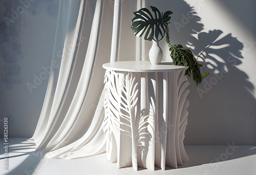 White wooden round side table with tropical plant and beautiful sun light and leaf shadow on white curtain for luxury beauty, organic, health, product display background, Ai generative