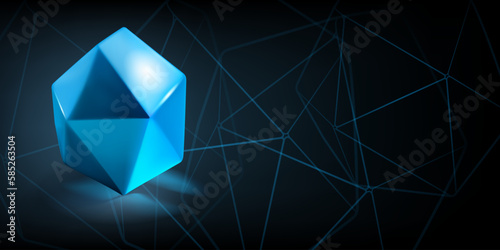 Abstract background with a light blue low-poly 3d object in the form of a polyhedron and a outlines of geometric shapes on a dark background