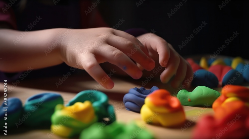 Child hands playing dough for modeling. Art Activity for Kids. Fine motor skills. Sensory play for toddlers. Generative AI. Child hands playing dough for modeling. Art Activity for Kids. Fine motor skills. Sensory play for toddlers. Generative AI.