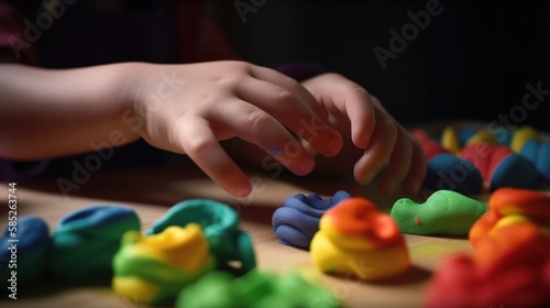 Child hands playing dough for modeling. Art Activity for Kids. Fine motor skills. Sensory play for toddlers. Generative AI.