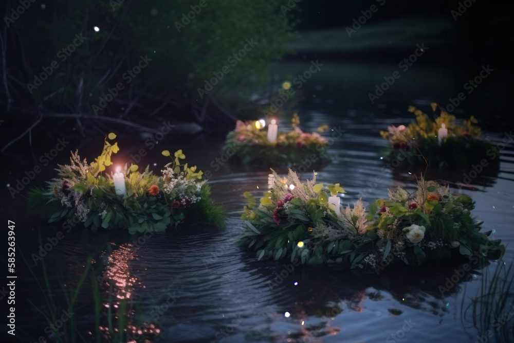 Wildflower wreath with a candles floating at Ivan Kupala's night. AI Generated - obrazy, fototapety, plakaty 