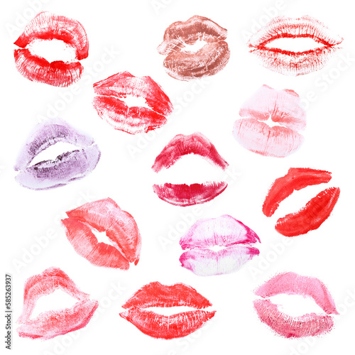 Set of lipstick kiss marks on white background