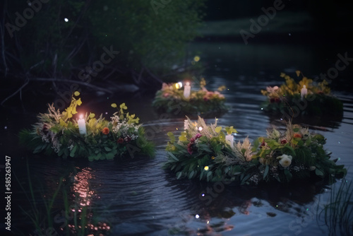 Wildflower wreath with a candles floating at Ivan Kupala's night. AI Generated