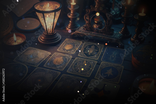 Tarot cards with magic spells and candles on witch table. AI Generated