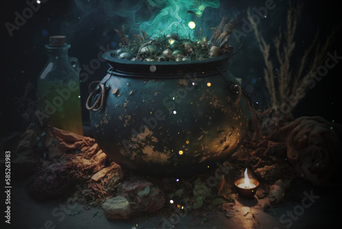 Dried plants and herbs in a magic pot. AI Generated