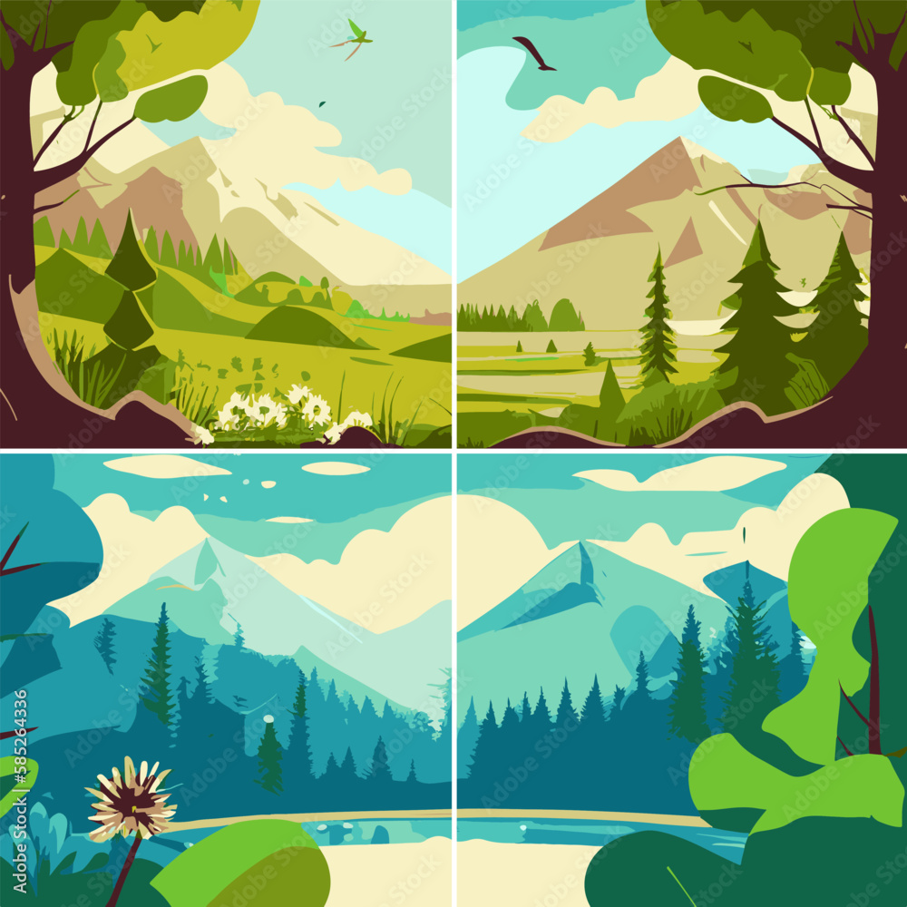 Summer landscape set background with river stream, mountains, green field hills, big meadows, blue spring sky and clouds, trees. Countryside. Rural scene. Nature view. Flat cartoon vector illustration