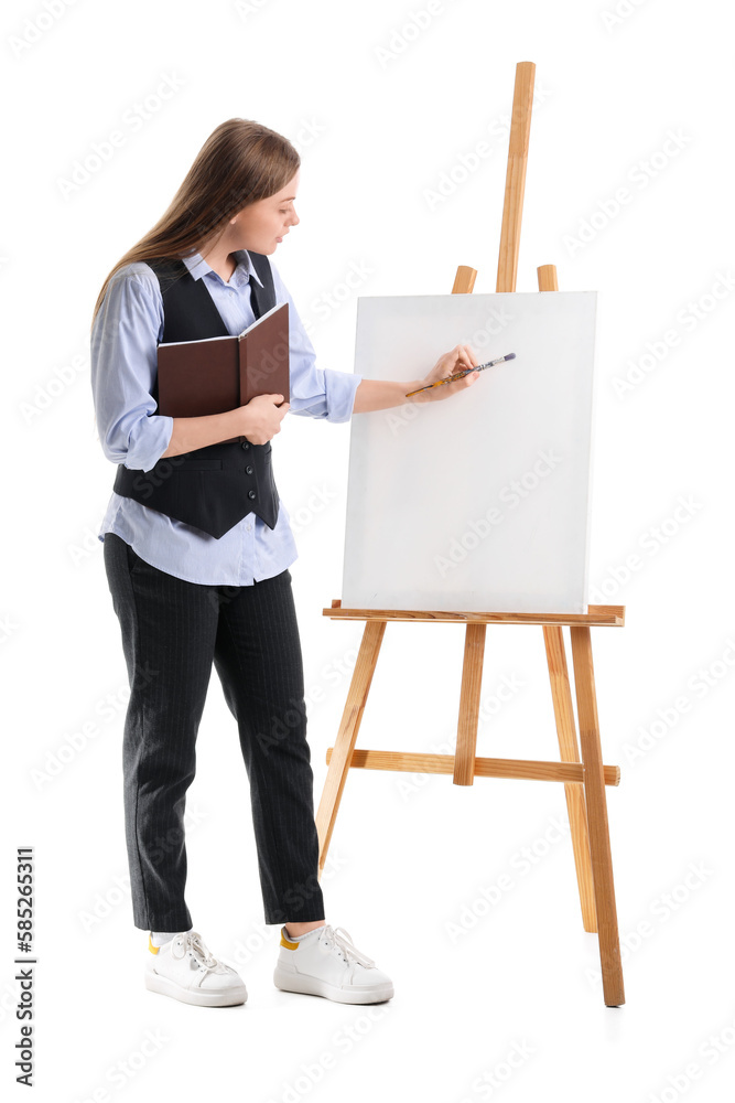 Drawing teacher with book, brush and easel on white background Drawing teacher with book, brush and easel on white background