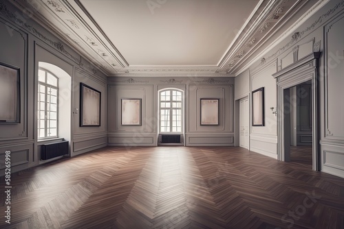 A grand  empty room with a parquet floor with stucco panels  molding  and frames. Large  open studio with furnishings and advertising product mock-ups  generative ai