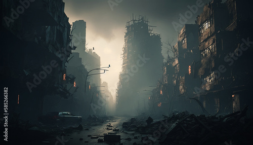  Destroyed city landscape. War zone.