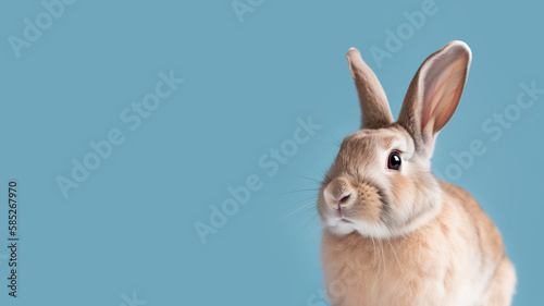 Rabbit portrait on a blue solid background. Generative AI