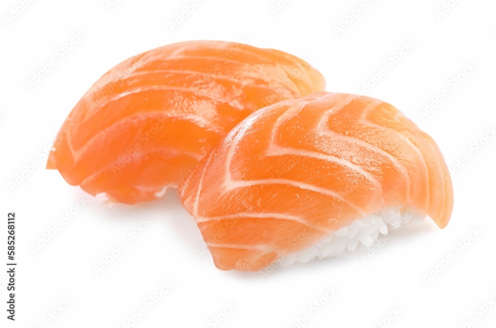 Delicious nigiri sushi with salmon isolated on white