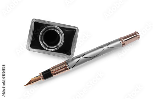Φωτογραφία Stylish fountain pen and inkwell on white background, top view