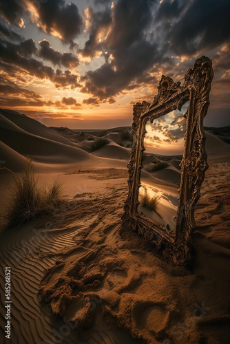 big mirror in the desert at sunset