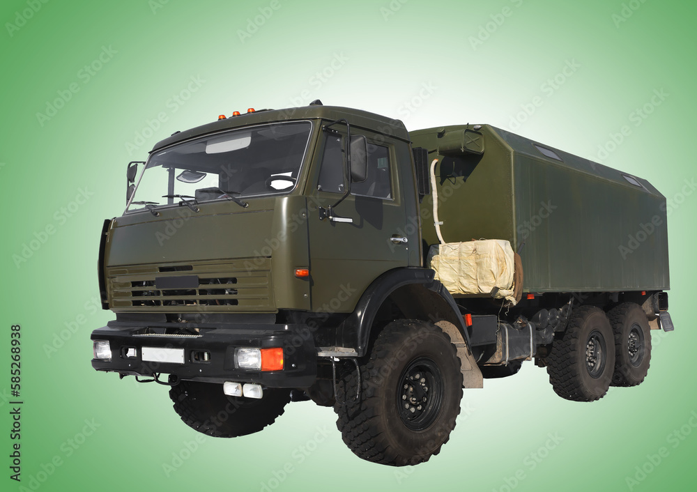 Khaki heavy russian military truck, car on green background Khaki heavy russian military truck, car on green background