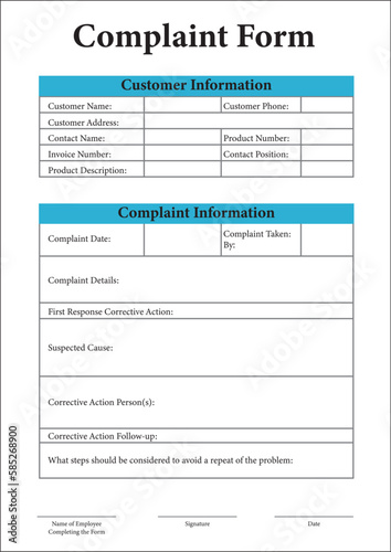 Blank customer complaint form on white background