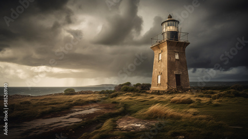 lighthouse on the coast dark cloudy day generative ai