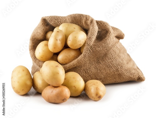 Ripe potatoes in burlap sack. Ai . Isolated on white background