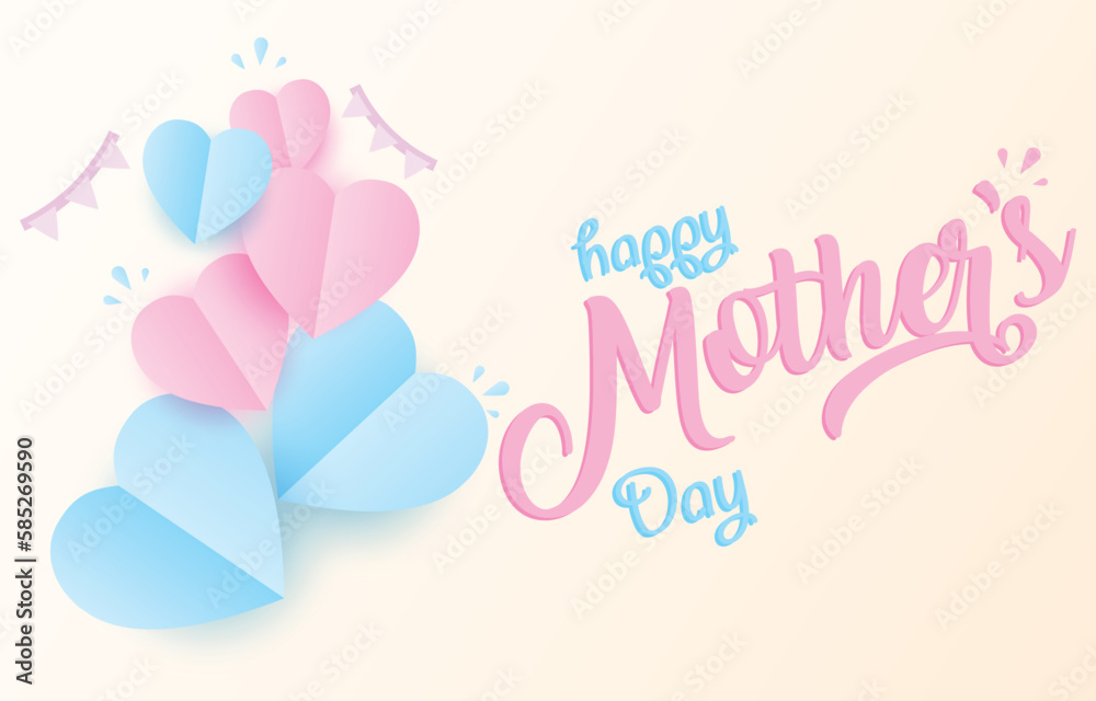 Mother's Day greeting card. mum banner vector with 3d flying hearts pink papercut and festival flag. symbol of love and handwritten letters on warm yellow background.