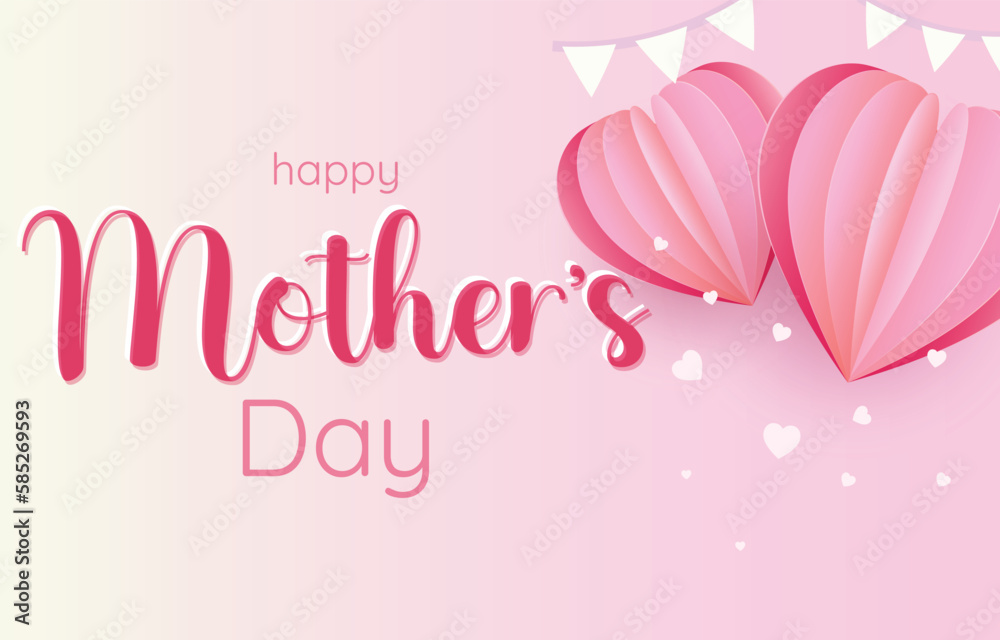 Mother's Day greeting card. mum banner vector with 3d flying hearts pink papercut and festival flag. symbol of love and handwritten letters on pink background. Mother's Day greeting card. mum banner vector with 3d flying hearts pink papercut and festival flag. symbol of love and handwritten letters on pink background.