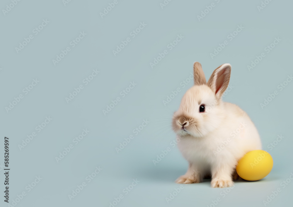Easter baby rabbit sitting with yellow egg on a cyan solid background. Generative AI