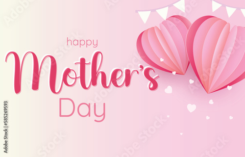 Mother's Day greeting card. mum banner vector with 3d flying hearts pink papercut and festival flag. symbol of love and handwritten letters on pink background.