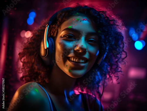 captivating photograph, beautiful Latina dancer, joyfully swaying, beat of music, striking neon-inflected background, energy, vibrancy, wireless headphones, immerse in music, masterfully composed