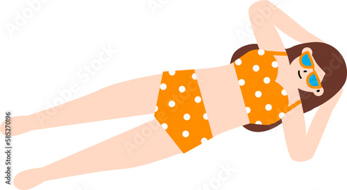 A woman wear sunglasses and an orange bikini that lay on the beach