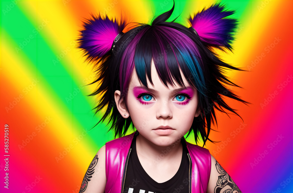 Portrait of a cute little girl punk with colorful hair on her arm. Generative AI.