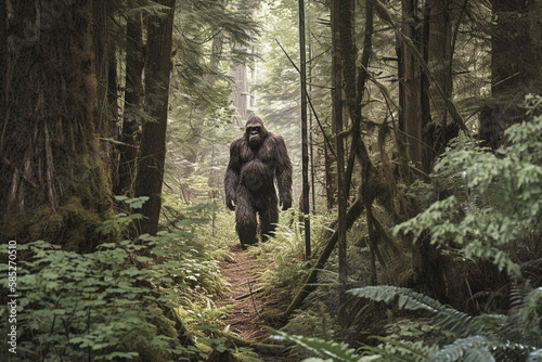 The elusive Sasquatch walking through a dense forest - Generative AI photo