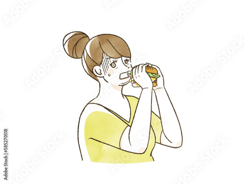 Bild auf Leinwand ハンバーガーを食べようとして戸惑っている肥満女性