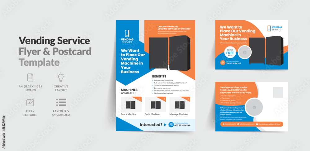 Fototapeta premium Vending service flyer and postcard template for your reliable business and event snacks and drinks vending machine leaflet design