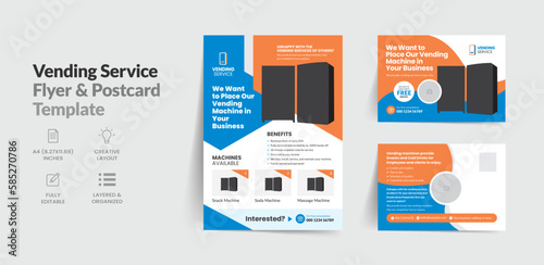 Vending service flyer and postcard template for your reliable business and event snacks and drinks vending machine leaflet design