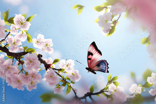 Beautiful butterhovering over blossoming cherry flowers. AI generated illustration. photo