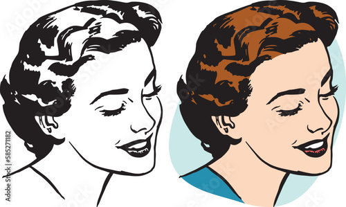 A vintage retro illustration of a portrait of an attractive woman looking down. 