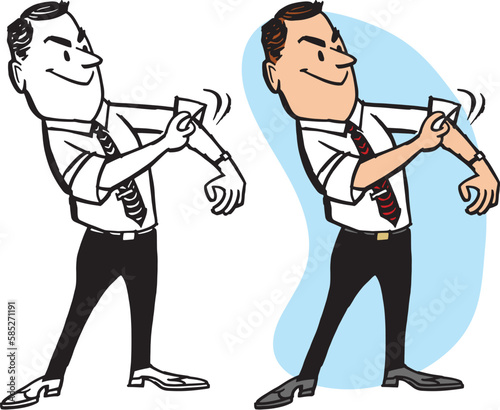 A vintage retro cartoon of a businessman rolling up his sleeves getting ready to go to work. 