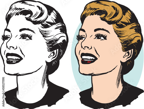 A vintage retro illustration of a portrait of a woman looking up.